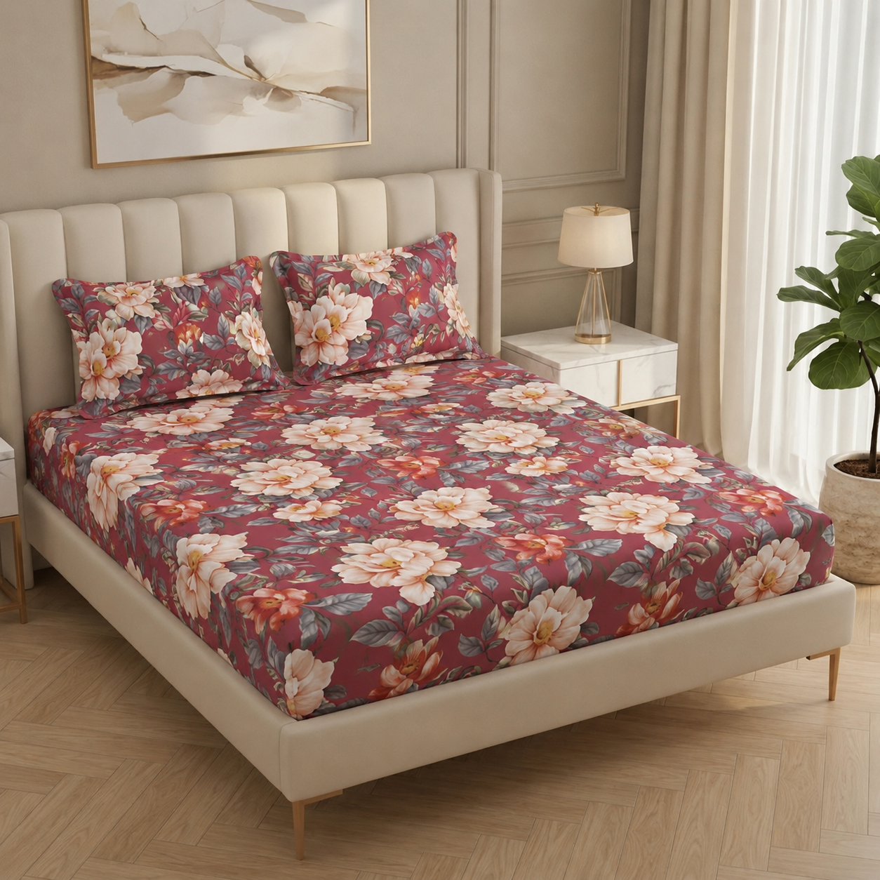 Fabicra Summer Cotton Elastic Fitted King Size Double Bed Bedsheet with 2 Pillow Covers (BOGO)