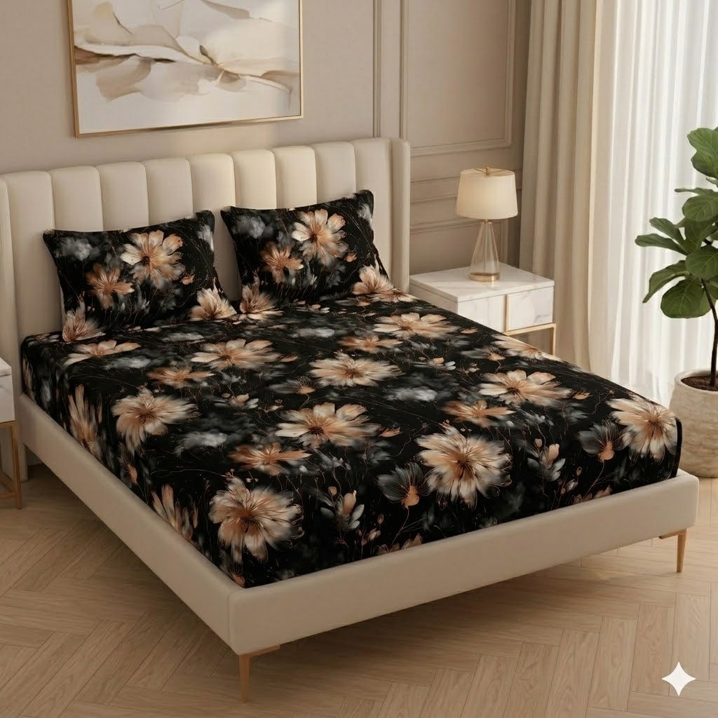 Fabicra Summer Cotton Elastic Fitted King Size Double Bed Bedsheet with 2 Pillow Covers (BOGO)