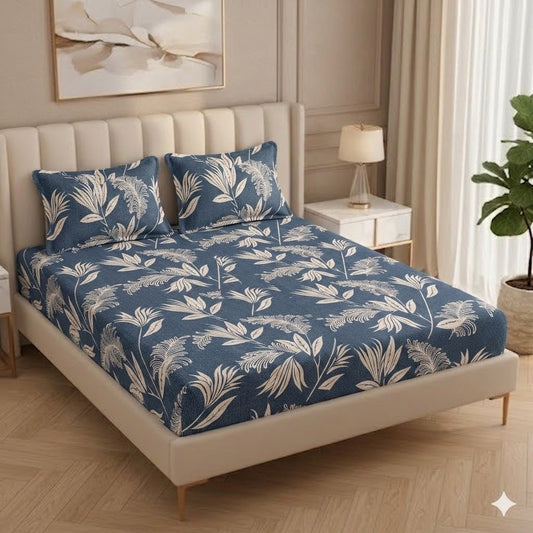 Fabicra Summer Cotton Elastic Fitted King Size Double Bed Bedsheet with 2 Pillow Covers (New)