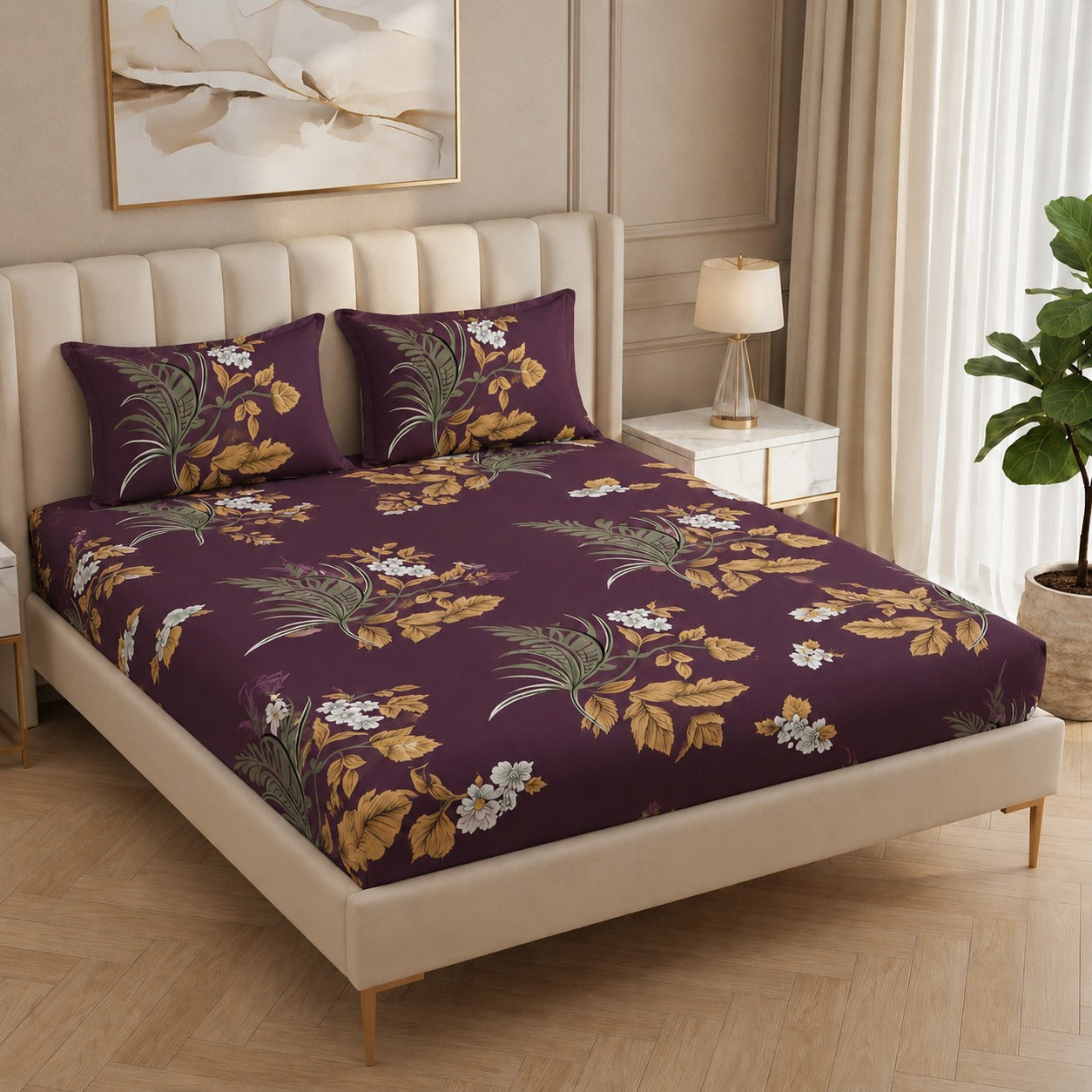 Fabicra Summer Cotton Elastic Fitted King Size Double Bed Bedsheet with 2 Pillow Covers (BOGO)