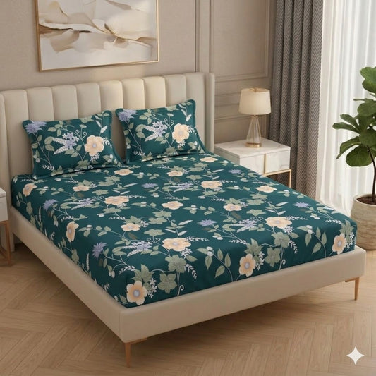 Fabicra Royal Cotton Elastic Fitted King Size Double Bed Bedsheet with 2 Pillow Covers (BOGO)