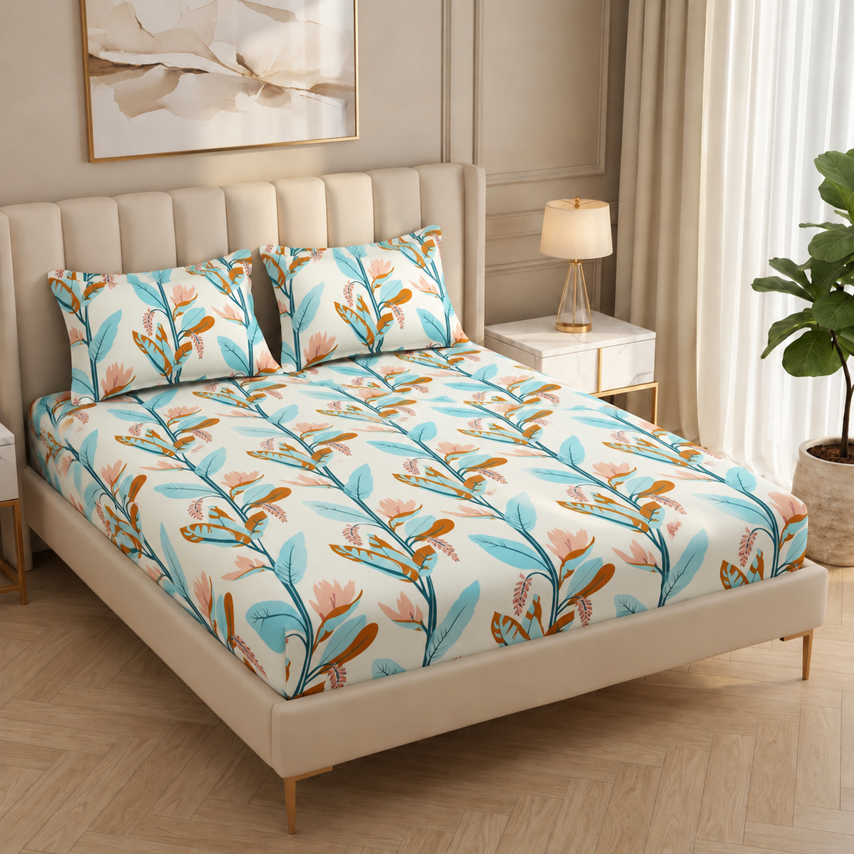 Fabicra Summer Cotton Elastic Fitted King Size Double Bed Bedsheet with 2 Pillow Covers (BOGO)