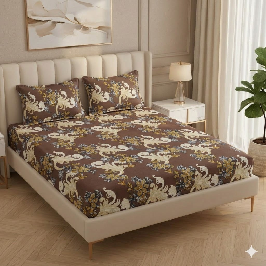 Fabicra Royal Cotton Elastic Fitted King Size Double Bed Bedsheet with 2 Pillow Covers (BOGO)
