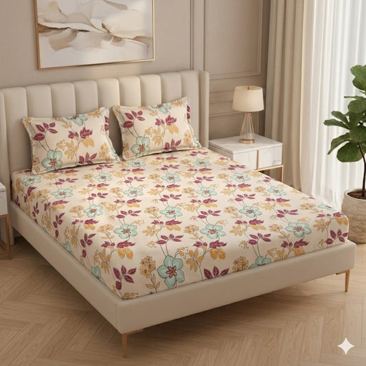 Fabicra Colorful Cotton Elastic Fitted Double Bed Bedsheet with 2 Pillow Covers