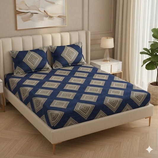 Fabicra Bliss Blue Cotton Elastic Fitted King Size Bedsheet with 2 Pillow Covers