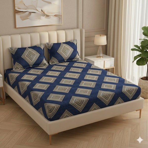 Fabicra Bliss Blue Cotton Elastic Fitted King Size Bedsheet with 2 Pillow Covers