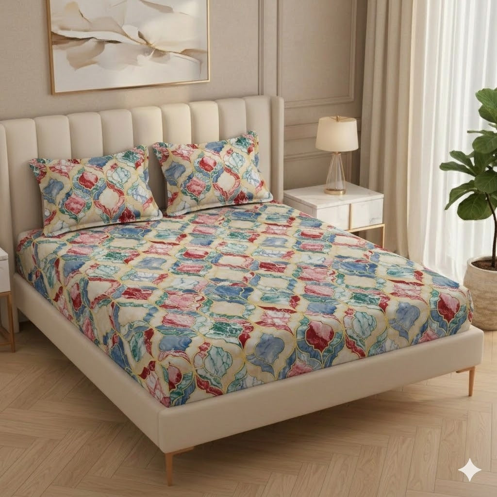 Premium Rich Colorful Design Cotton Elastic Fitted King Size Double Bed Bedsheet with 2 Pillow Covers