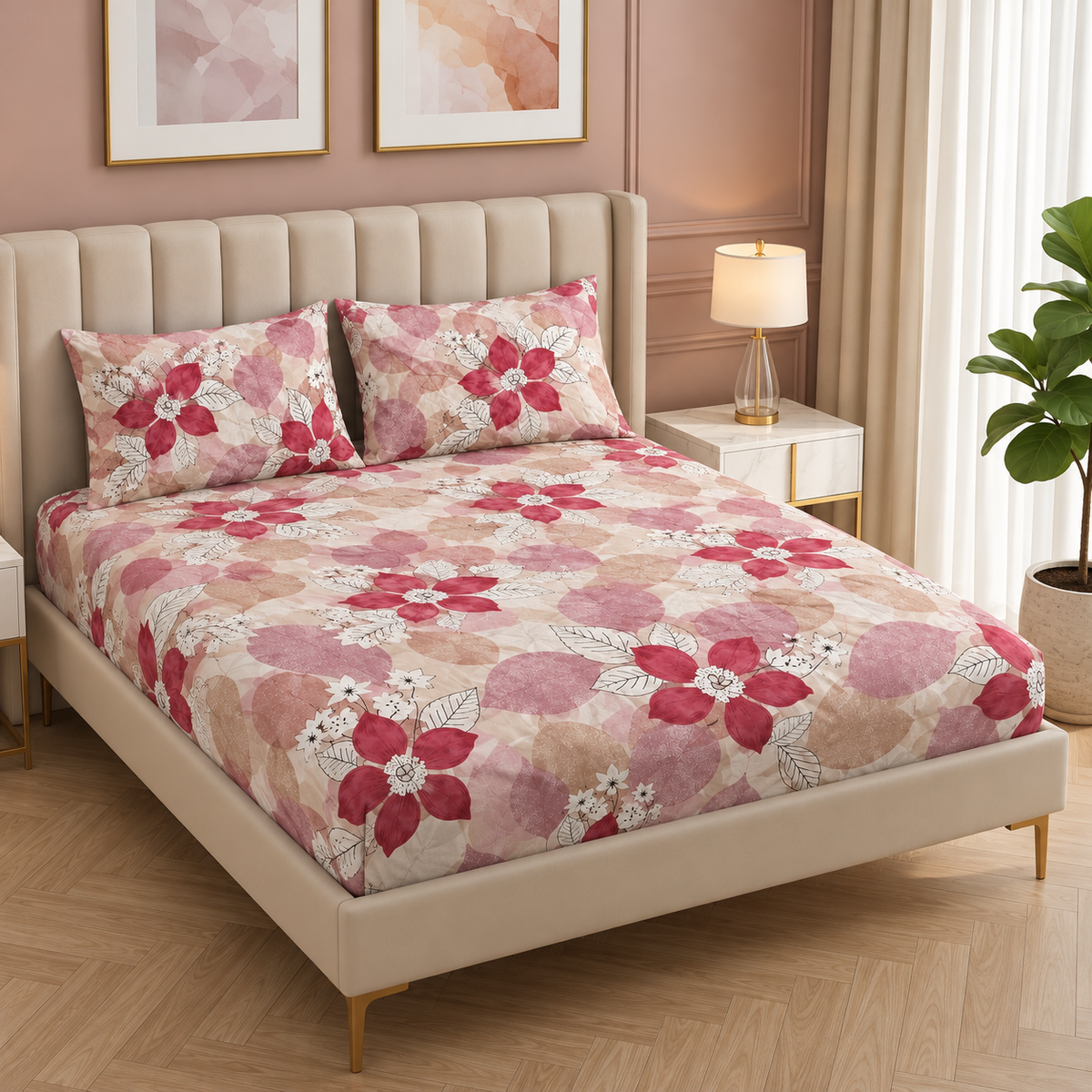 Fabicra Summer Cotton Elastic Fitted King Size Double Bed Bedsheet with 2 Pillow Covers (BOGO)