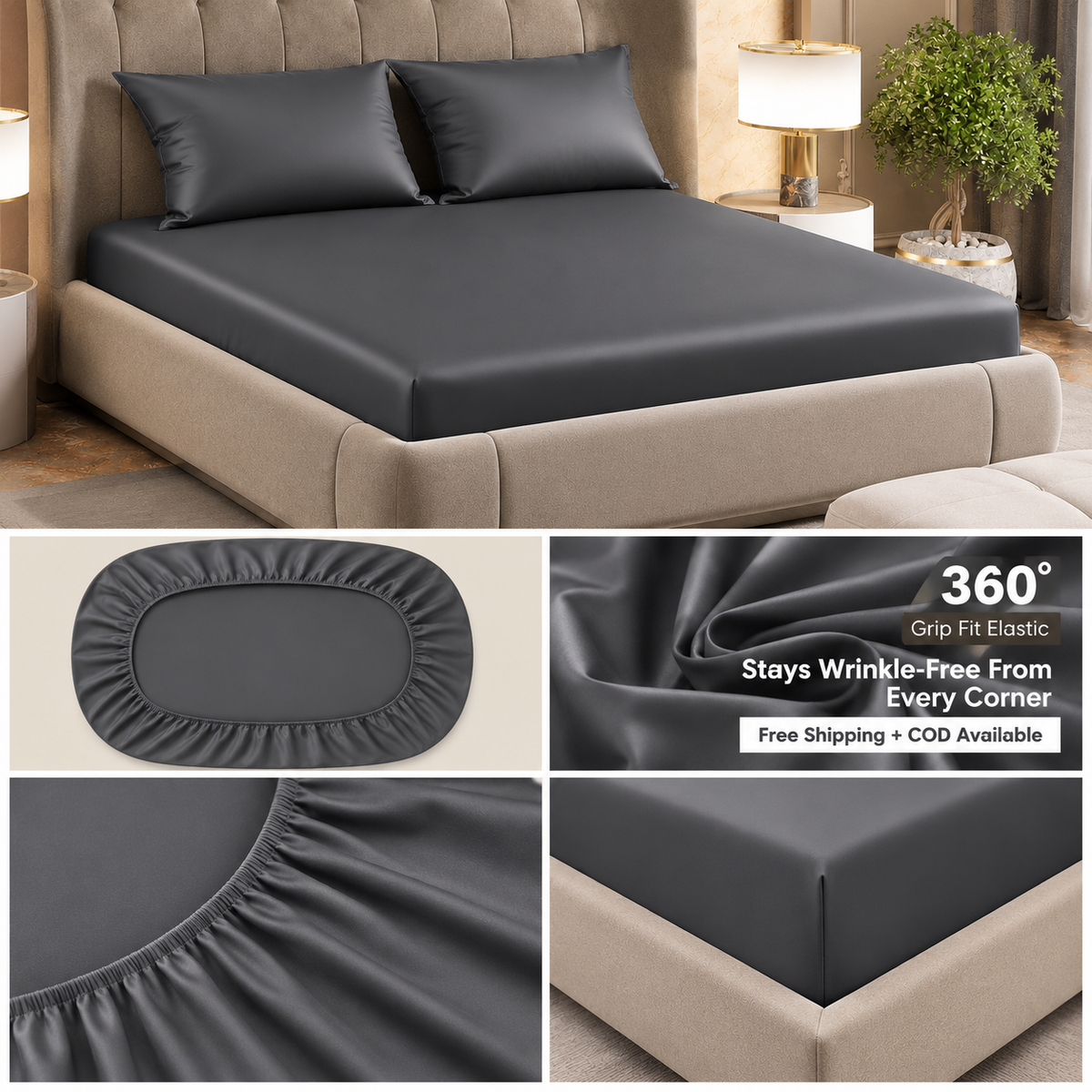 Fabicra Satin Elastic Fitted King Size Double Bed Bedsheet with 2 Pillow Covers