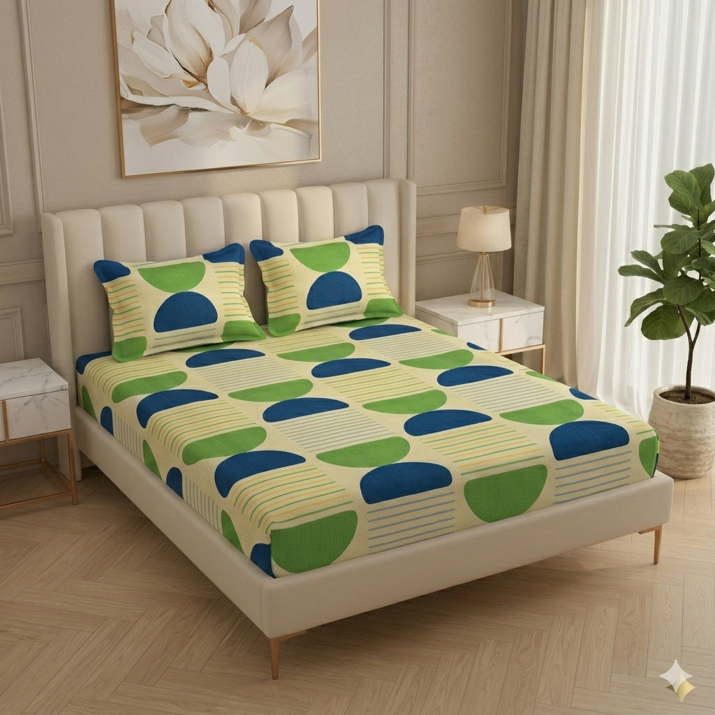 Fabicra Multicolor Cotton Elastic Fitted King Size Double Bed Bedsheet with 2 Pillow Covers