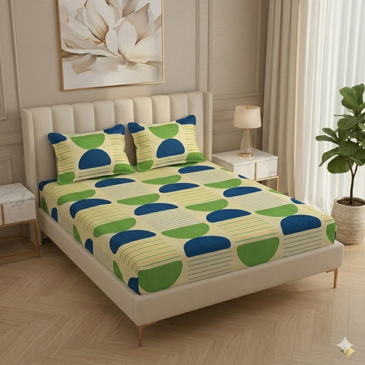 Fabicra Multicolor Cotton Elastic Fitted King Size Double Bed Bedsheet with 2 Pillow Covers