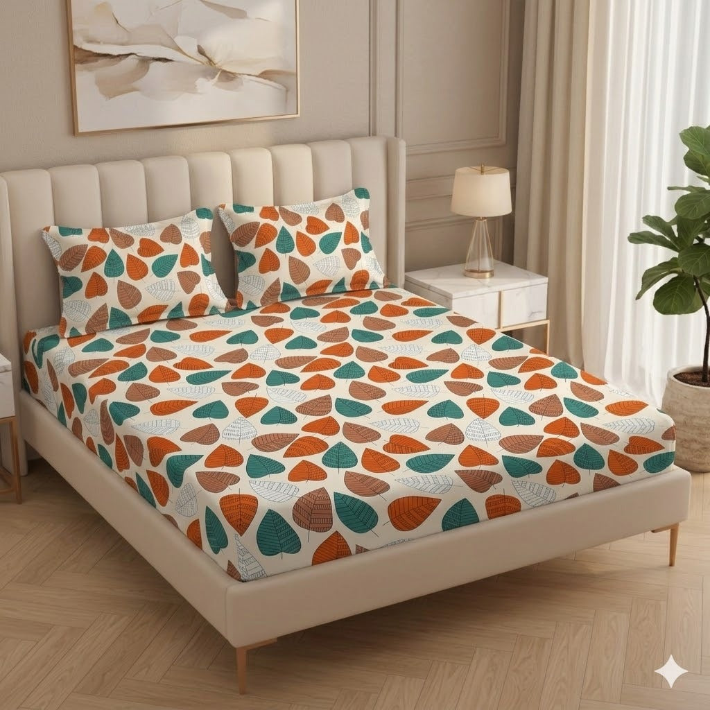 Fabicra Leaf Print Cotton Elastic Fitted King Size Double Bed Bedsheet with 2 Pillow Covers