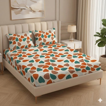 Fabicra Leaf Print Cotton Elastic Fitted King Size Double Bed Bedsheet with 2 Pillow Covers