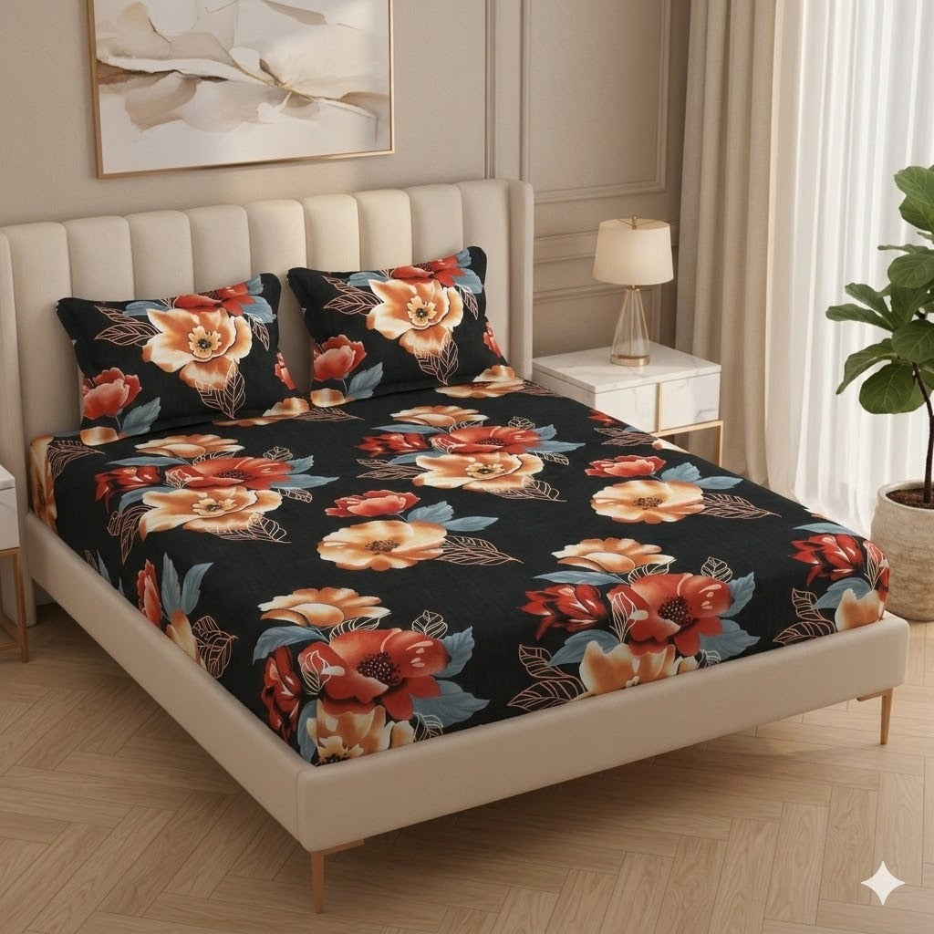 Fabicra Deep Love Floral Cotton Elastic Fitted King Size Double Bed Bedsheet with 2 Pillow Covers (OFFER)