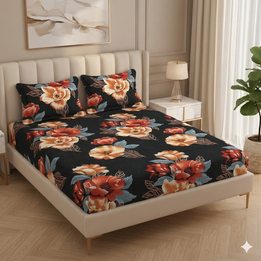 BOGO Fabicra Deep Love Floral Cotton Elastic Fitted King Size Double Bed Bedsheet with 2 Pillow Covers