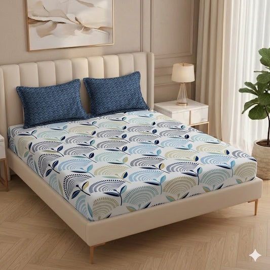 Fabicra Royal Blues Cotton Elastic Fitted King Size Double Bed Bedsheet with 2 Pillow Covers