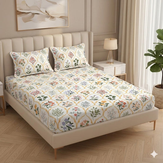 BOGO Fabicra Elegant Floral Cotton Elastic Fitted King Size Double Bed Bedsheet with 2 Pillow Covers