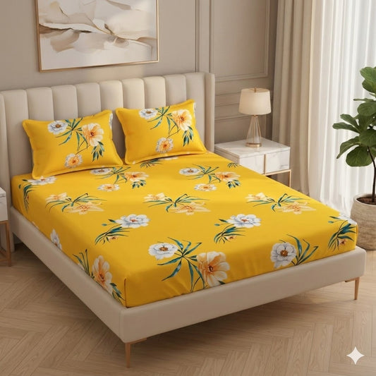 BOGO Fabicra Yellow Blossom Floral Cotton Elastic Fitted King Size Double Bed Bedsheet with 2 Pillow Covers