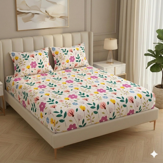 Fabicra Multicolor Elastic Fitted Cotton Blend Double Bed Bedsheets with 2 Pillow Covers (OFFER)