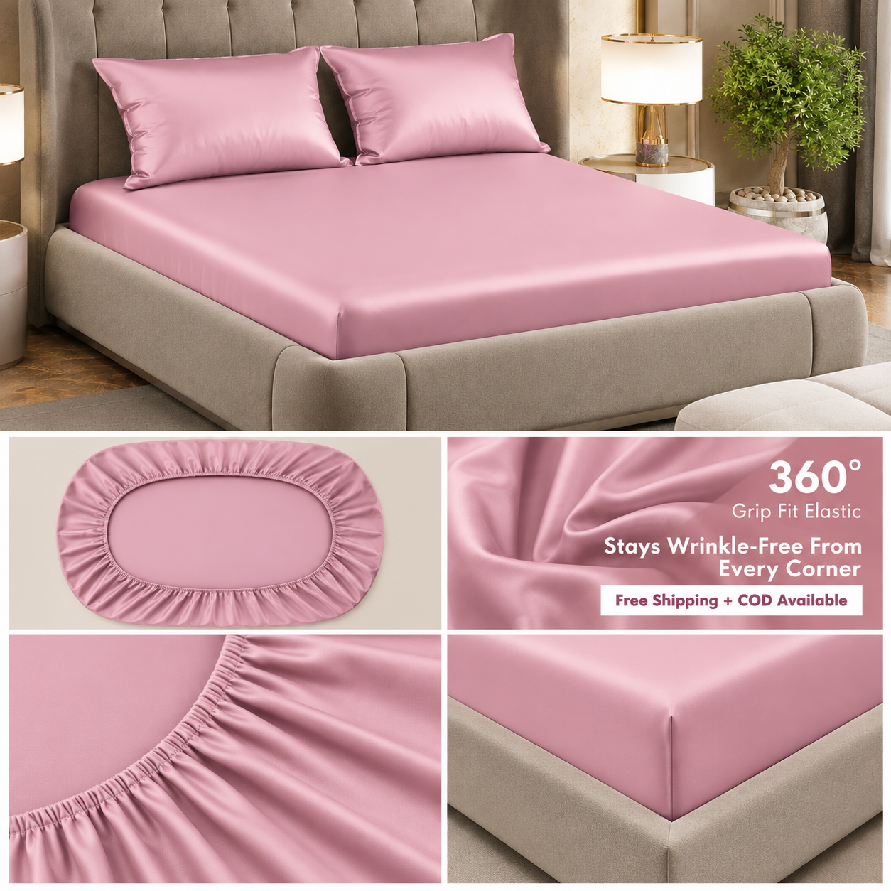 Fabicra Satin Elastic Fitted King Size Double Bed Bedsheet with 2 Pillow Covers