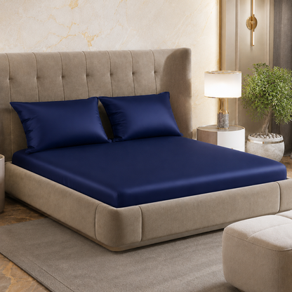 Fabicra Satin Elastic Fitted King Size Double Bed Bedsheet with 2 Pillow Covers (BOGO)