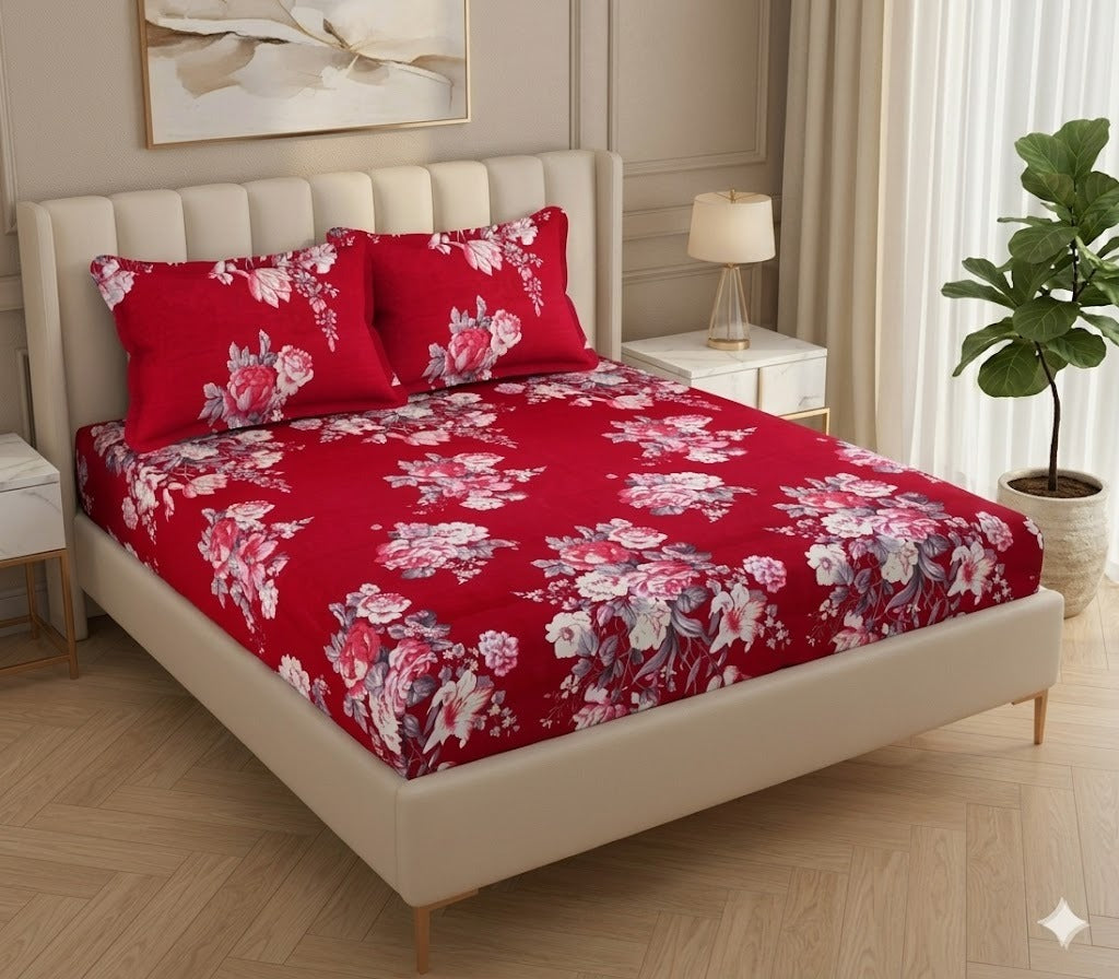 Fabicra Red Floral Cotton Blend Elastic Fitted King Bedsheet with 2 Pillow Covers (OFFER)