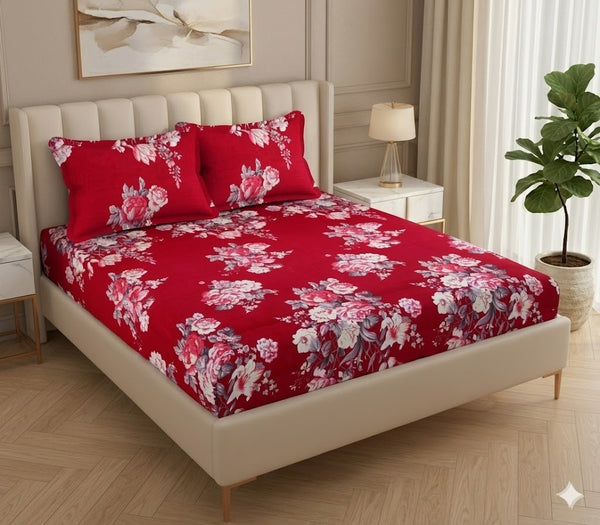 Fabicra Red Floral Cotton Blend Elastic Fitted King Bedsheet with 2 Pillow Covers (OFFER)