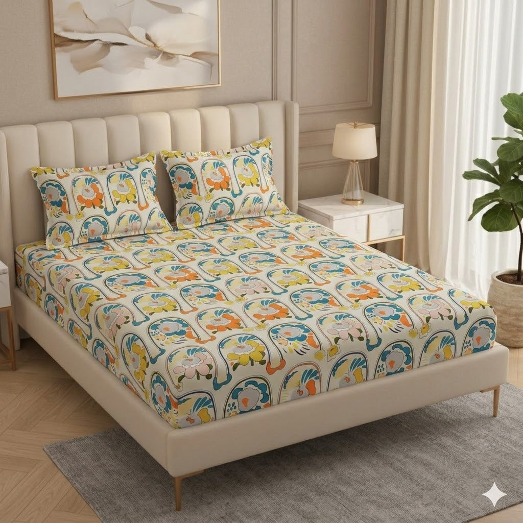 Premium Dream Of Color Design Cotton Elastic Fitted King Size Double Bed Bedsheet with 2 Pillow Covers