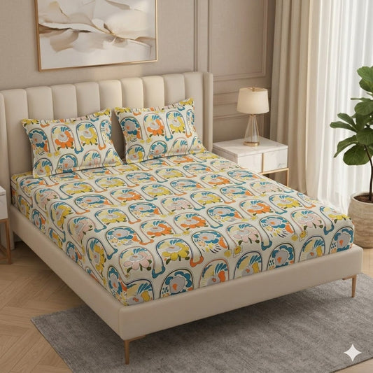 BOGO Premium Dream Of Color Design Cotton Elastic Fitted King Size Double Bed Bedsheet with 2 Pillow Covers
