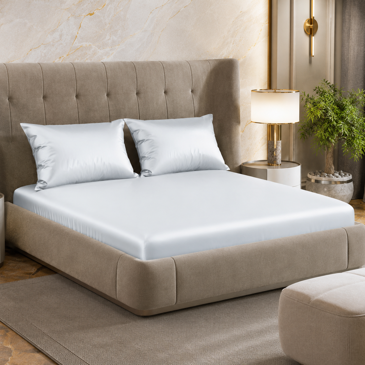 Fabicra Satin Elastic Fitted King Size Double Bed Bedsheet with 2 Pillow Covers (BOGO)