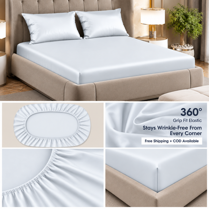 Fabicra Satin Elastic Fitted King Size Double Bed Bedsheet with 2 Pillow Covers