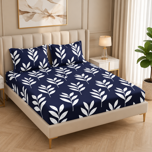 Fabicra Summer Cotton Elastic Fitted King Size Double Bed Bedsheet with 2 Pillow Covers (BOGO)