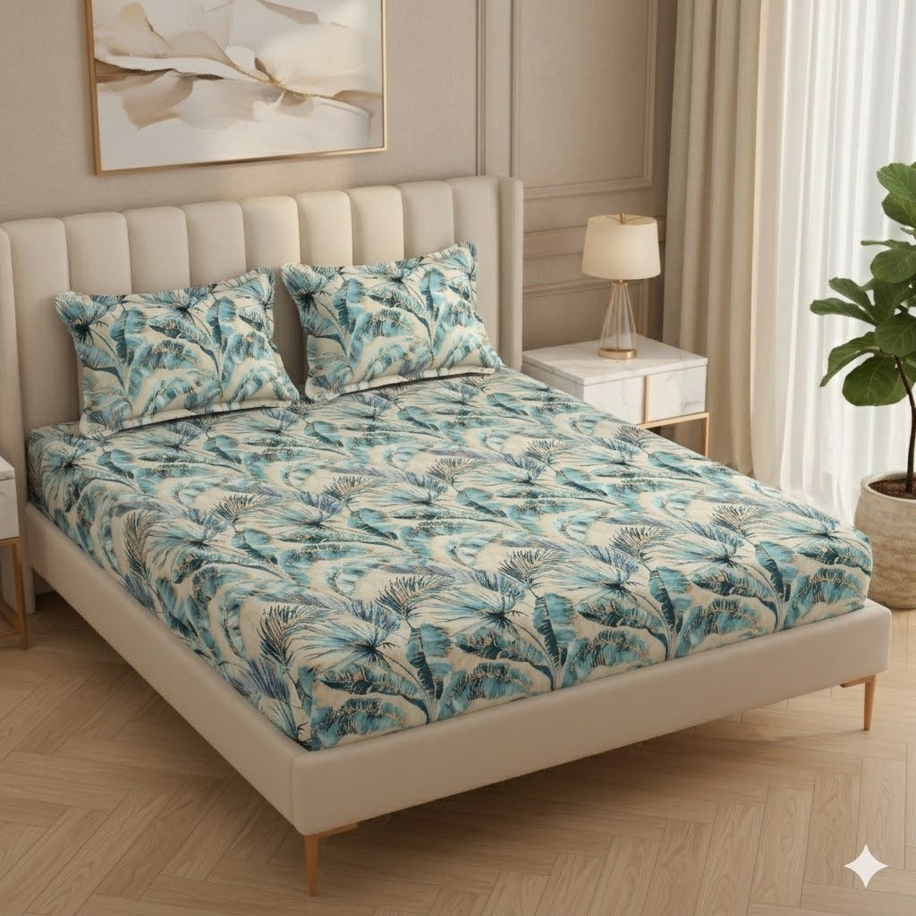 Fabicra Bliss Peacock Cotton Elastic Fitted King Size Bedsheet with 2 Pillow Covers