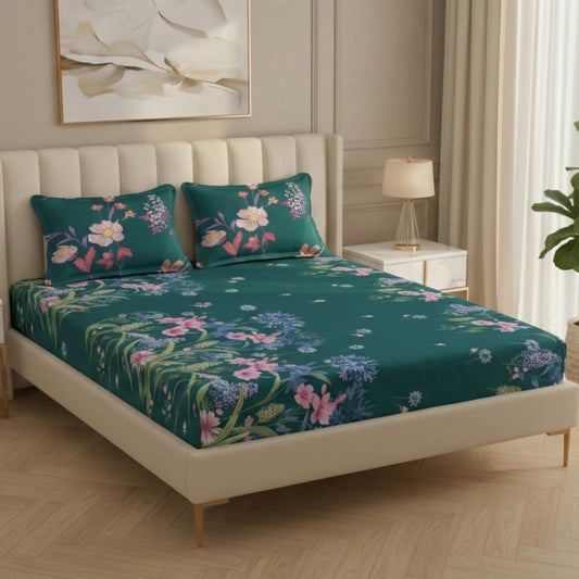 BOGO Fabicra Ultra Premium Elastic Fitted Cotton Blend King Size Double Bed Bedsheet with 2 Pillow Covers