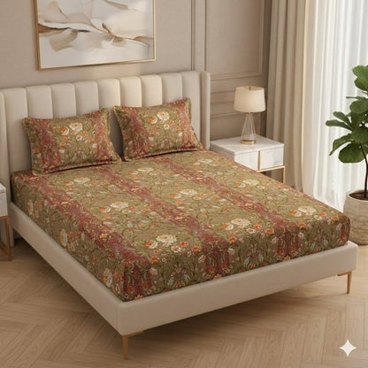 Premium Brown Heritage Design Cotton Elastic Fitted King Size Double Bed Bedsheet with 2 Pillow Covers