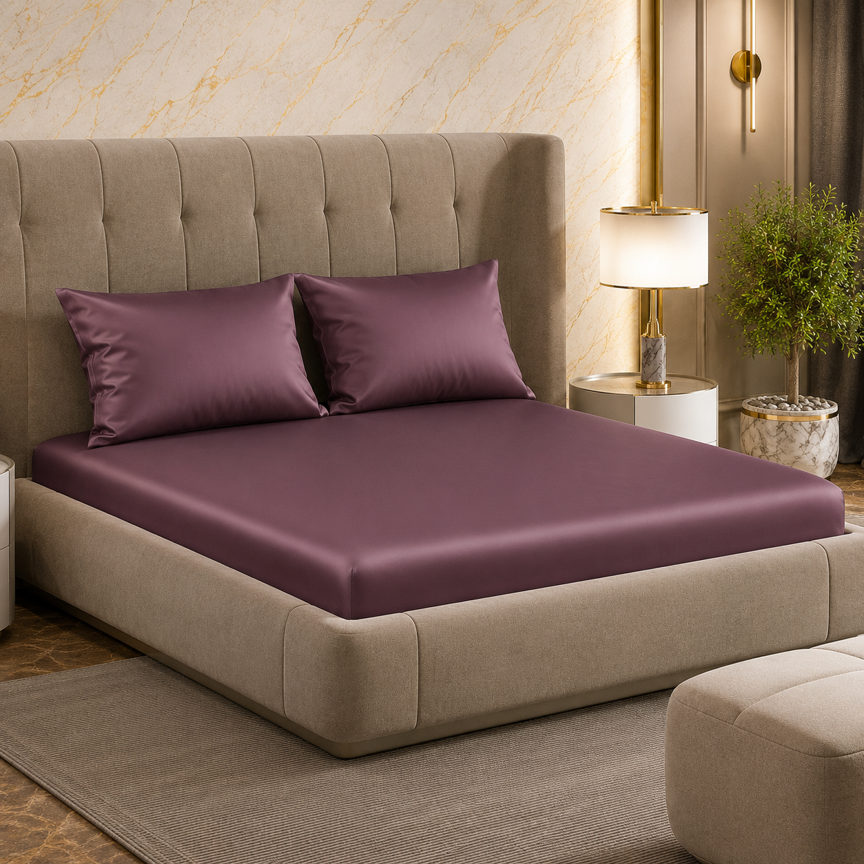 Fabicra Satin Elastic Fitted King Size Double Bed Bedsheet with 2 Pillow Covers
