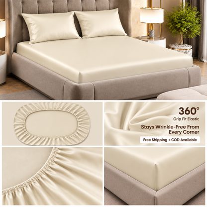 Fabicra Satin Elastic Fitted King Size Double Bed Bedsheet with 2 Pillow Covers
