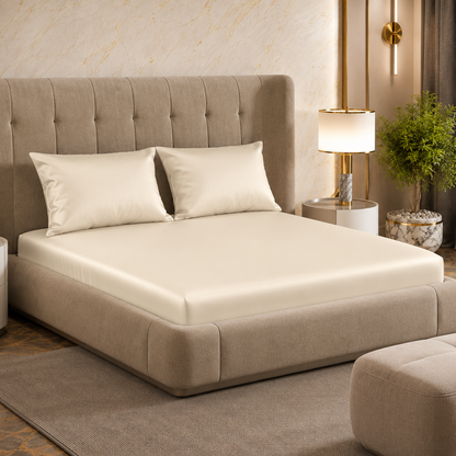 Fabicra Satin Elastic Fitted King Size Double Bed Bedsheet with 2 Pillow Covers (BOGO)