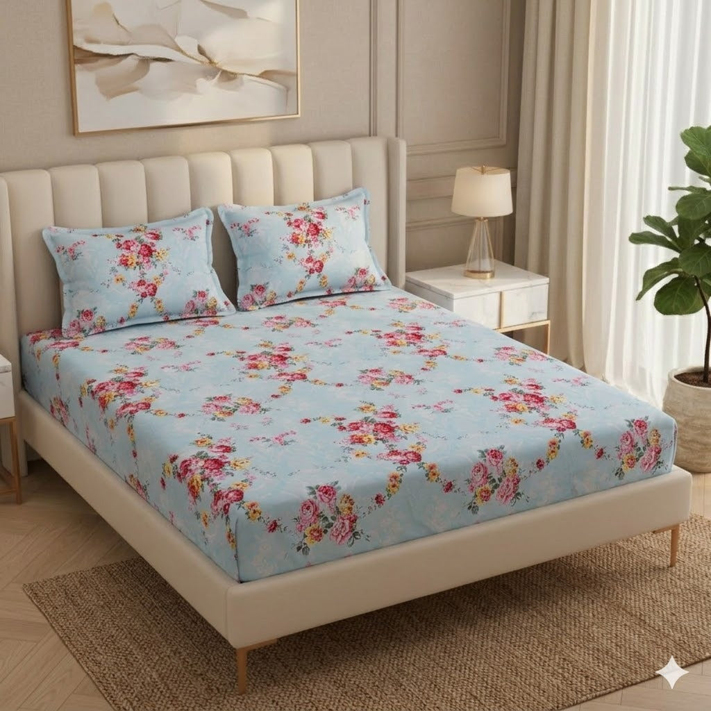 Premium Red Floral Cotton Elastic Fitted King Size Double Bed Bedsheet with 2 Pillow Covers