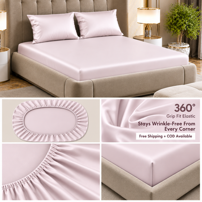 Fabicra Satin Elastic Fitted King Size Double Bed Bedsheet with 2 Pillow Covers