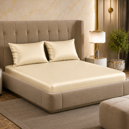 Fabicra Satin Elastic Fitted King Size Double Bed Bedsheet with 2 Pillow Covers (BOGO)