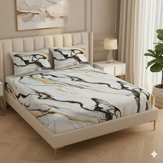 BOGO Premium Abstract Waves Design Cotton bland Elastic Fitted King Size Double Bed Bedsheet with 2 Pillow Covers