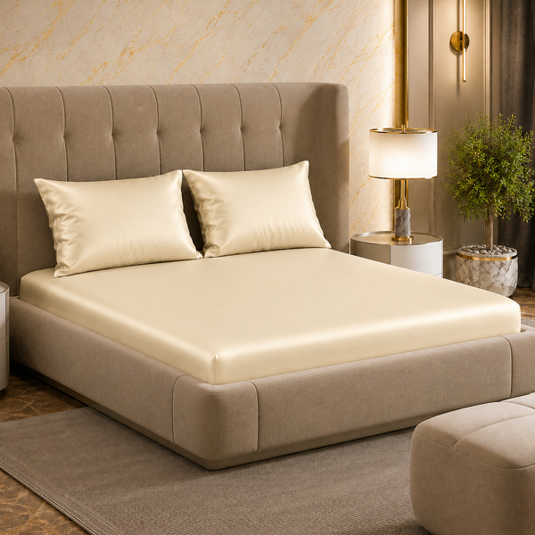 Fabicra Satin Elastic Fitted King Size Double Bed Bedsheet with 2 Pillow Covers