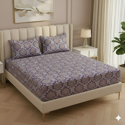 Fabicra Royal Purple Cotton Elastic Fitted King Size Double Bed Bedsheet with 2 Pillow Covers (New)