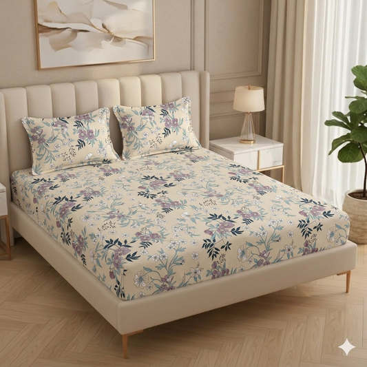 Fabicra Royal Cotton Elastic Fitted King Size Double Bed Bedsheet with 2 Pillow Covers (BOGO)