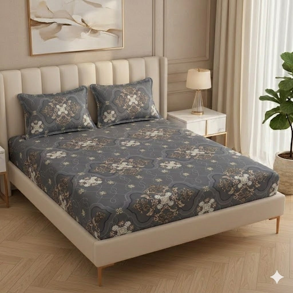 Fabicra Rich Grey Cotton Elastic Fitted King Size Double Bed Bedsheet with 2 Pillow Covers (BOGO)