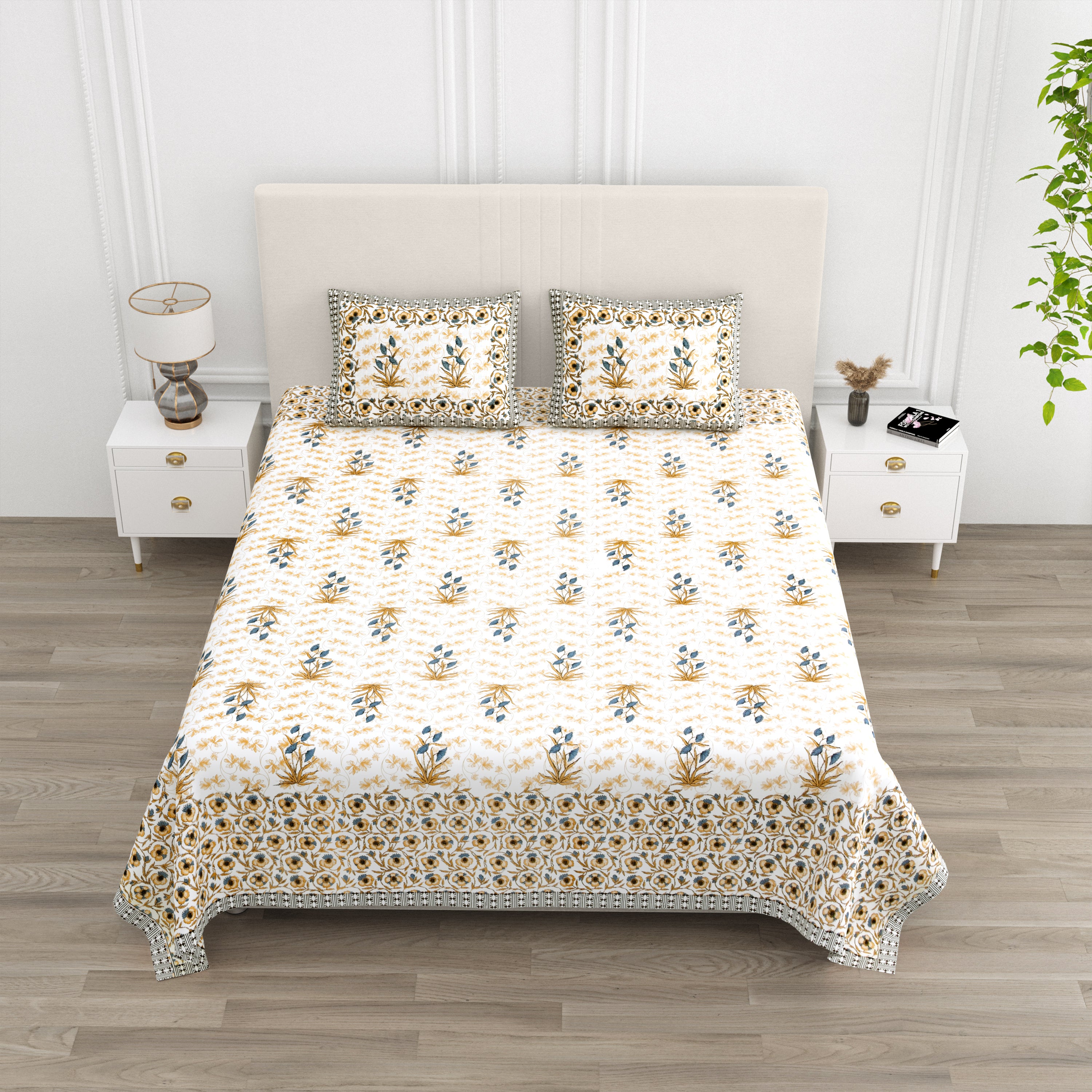 Luxe 100% Pure Cotton Printed Double Bed Bedsheet – With 2 Pillow Covers