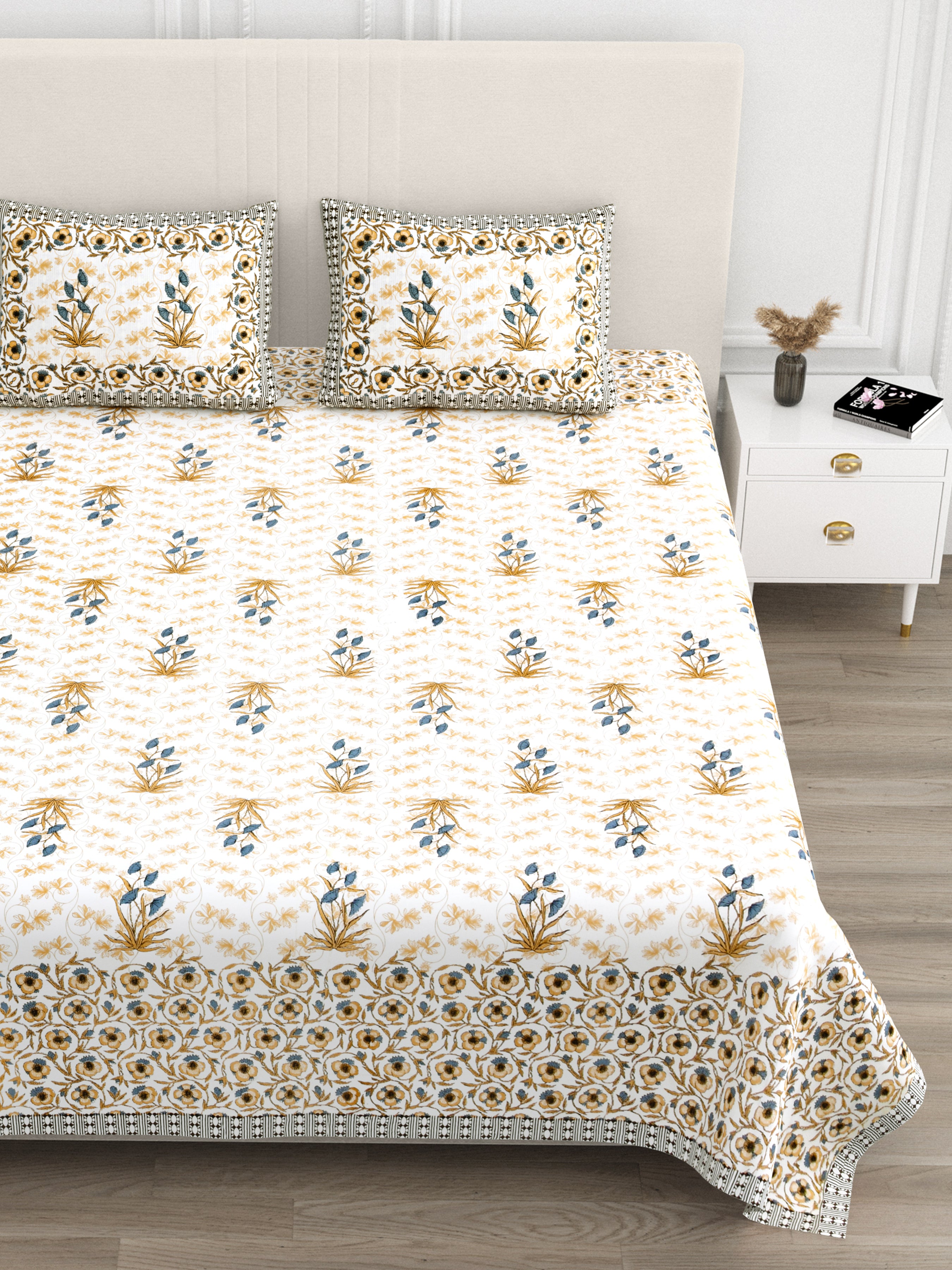 Luxe 100% Pure Cotton Printed Double Bed Bedsheet – With 2 Pillow Covers