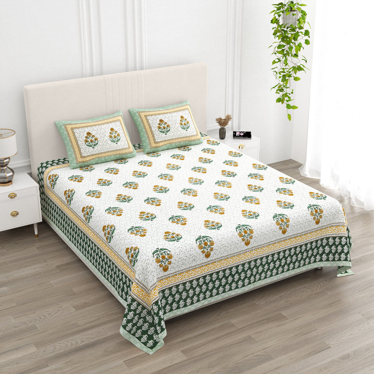 Luxe 100% Pure Cotton Printed Double Bed Bedsheet – With 2 Pillow Covers