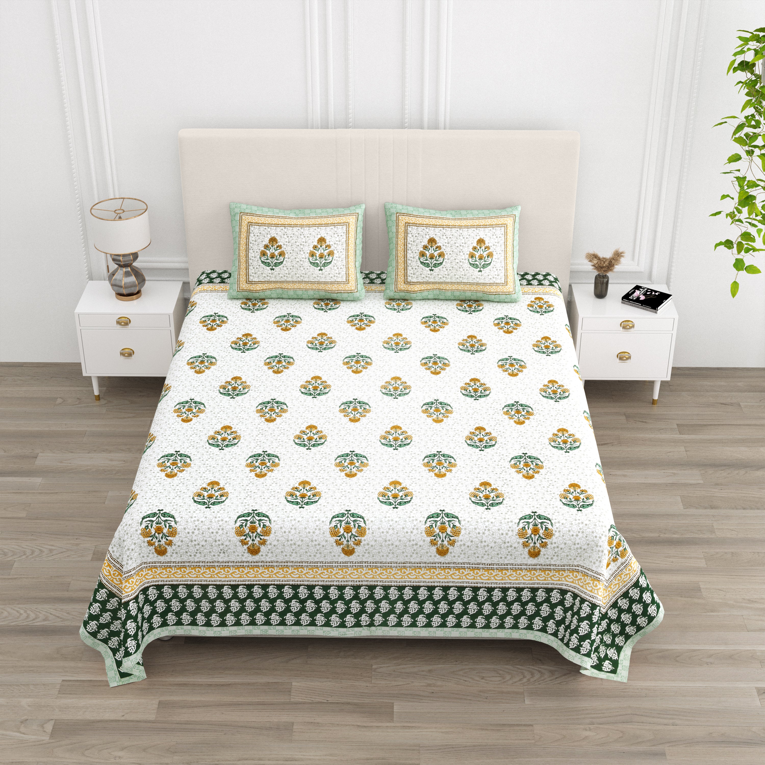 Luxe 100% Pure Cotton Printed Double Bed Bedsheet – With 2 Pillow Covers